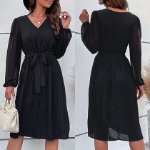 Fashion Solid Color V-neck Long Sleeve Self-tie Pleated Dress