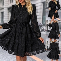 Elegant Buttoned Round Neck Long Sleeve Self-tie Lace Black Dress