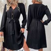 Fashion Buttoned V-Neck Long Sleeve Self-tie Pleated Black Dress