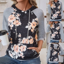 Casual Contrast Color Long Sleeve Floral Print Drawstring Hooded Sweatshirt