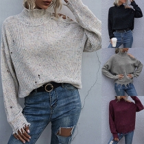 Fashion Mock Neck Long Sleeve Distressed Open-shoulder Knitted Sweater