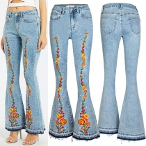 Street Fashion Old-washed Floral Embroidery Frayed Hemline Wide-leg Mid-rise Denim Jeans