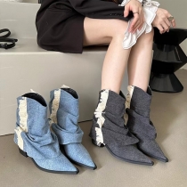 Cowboy Light Blue High Heel Retro Pointed Toe Stacked Heel Ankle Boots with Trouser Sleeves and Chunky Heels