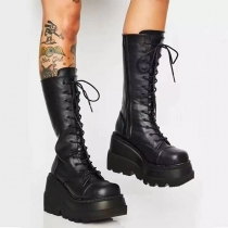 High Top Lace Up Knight Boots Round Toe Wedge Heel Thick Soled Cross Border Leather Ankle Boots