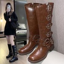 Knee High Brown Western Martin Boots with Belt Buckles and Thick Heels