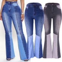 Street Fashion Old-washed Contrast Color Fray Hemline High-rise Wide-leg Denim Jeans