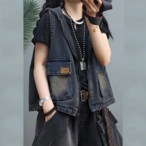 Loose Denim Vest Jacket with Hooded and Double Pockets