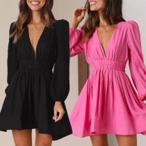 Sexy Solid Color Plunge V-neck Cinched Waist Lantern Sleeve Mini Dress