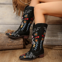Retro Long Embroidered High Heel Thick Boots