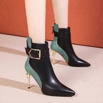 Pointed Toe Leather Stiletto Short Boots with Buckles and High Heel