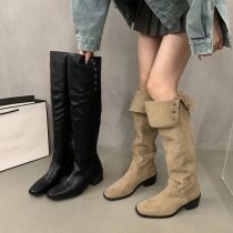 Over the Knee Boots with Thick Heels and Knee Button Detail