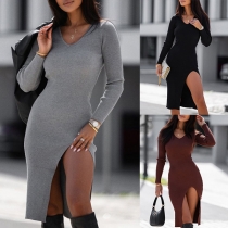 Fashion Solid Color V-neck Long Sleeve Slit Ribbed Dress