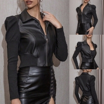Street Fashion Artificial Leather PU Spliced Stand Collar Long Sleeve Zipper Crop Jacket