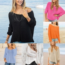 Casual Solid Color Round Neck Long Sleeve Loose Knitted Shirt