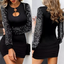 Fashion Bling-bling Sequined Long Sleeve Front Cutout Round Neck Bodycon Dress