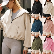 Street Fashion Half-zipper Lapel Long Sleeve Kangroo Pockets Hoodied Crop Sweatshirt