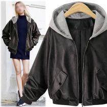 Street Fashion Artificial Leather Spliced Hooded Long Sleeve Jacket