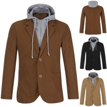 Street Fashion Notch Lapel Long Sleeve Detachable Hooded Fake Two-piece Blazer for Men