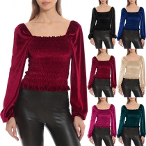 Elegant Square-neck Long Sleeve Smocked Velvet Shirt
