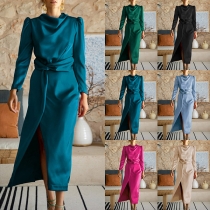 Elegant Solid Color Draped Neck Puff Long Sleeve Knot Slit Satin Party Dress