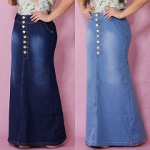Fashion Old-washed Buttoned Slit High rise Denim Maxi Skirt