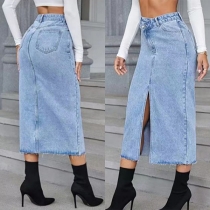 Street Fashion Old-washed Mid-rise Irregular Waist Frayed Hemline Slit Denim Skirt
