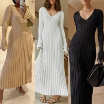 Elegant Solid Color V-neck Long Sleeve Ribbed Dress