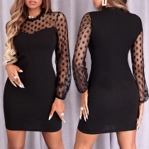 Elegant Semi-through Gauze Spliced Dot Printed Round Neck Long Sleeve Bodycon Dress