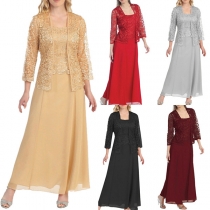 Elegant Two-piece Set Consist of Lace Cardigan and Lace Spliced Chiffon Midi Dress