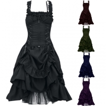 Vintage Gothic Style Ruffled Lace-up Tiered Cinch Waist Dress for Party/Dancing