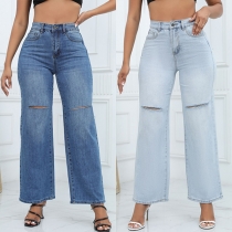 Fashion Old-washed Ripped Denim Straight Jeans