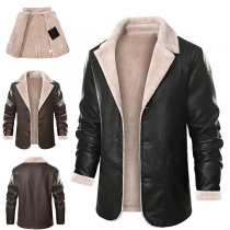 Street Fashion Warm Plush Lined Notch Lapel Long Sleeve Artificial Leather PU Jacket for Men