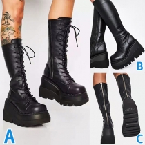 Street Fashion Lace-up/Back Zipper/Side Zipper Artificial Leather PU Wedge Knight Boots
