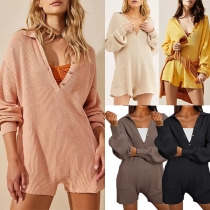 Casual Solid Color Buttoned V-neck Stand Collar Long Sleeve Ribbed Romper