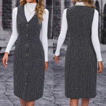 Elegant Houndstooth Printed V-neck Sleeveless Buttoned Dress