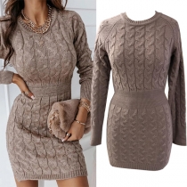 Fashion Round Neck Long Sleeve Solid Color Sweater Dress