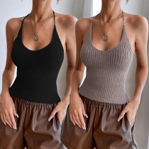 Sexy Solid Color Halterneck Backless Ribbed Halterneck Top