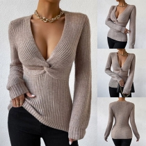 Fashion Solid Color Knotted V-neck Long Sleeve Ribbed Shirt