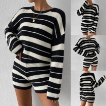 Fashion Stripe Pattern Knitted Two-piece Set Consist of Crop Top and Pants