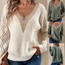 Fashion Lace Spliced V-neck Long Sleeve Knitted Sweater
