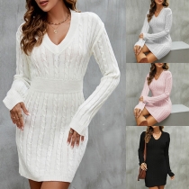 Elegant Solid Color V-neck Long Sleeve Ribbed Knitted Sweater Dress