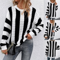 Street Fashion Vertical Striped Round Neck Long Sleeve Knitted Shirt