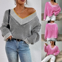Street Fashion Vertical Stripe Pattern V-neck Batwing Sleeve Pullover Knitted Sweater