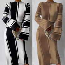 Street Fashion Contrast Color Mock Neck Long Sleeve Midi Dress