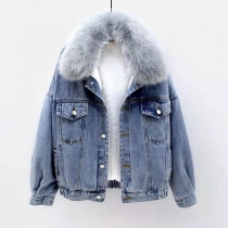 Fashion Old-washed Long Sleeve Plushed Lined Artificial Fur Spliced Denim Jacket