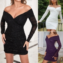 Sexy Bling-bling Off-the-shoulder Long Sleeve Ruched Bodycon Party Dress
