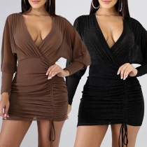 Fashion Semi-through Solid Color V-neck Batwing Sleeve Drawstring Bodycon Dress