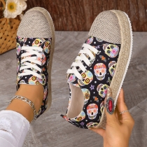 Round Toe Thick Soled Casual Canvas Shoes with Colorful Skull and Leopard Prints