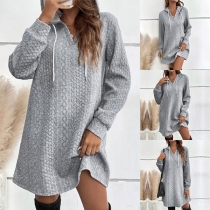 Casual Solid Color Jacquard Long Sleeve V-neck Hooded Drawstring Mini Dress
