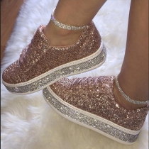 Rhinestone Silver Glossy Lace Up Casual Flat Sneakers
